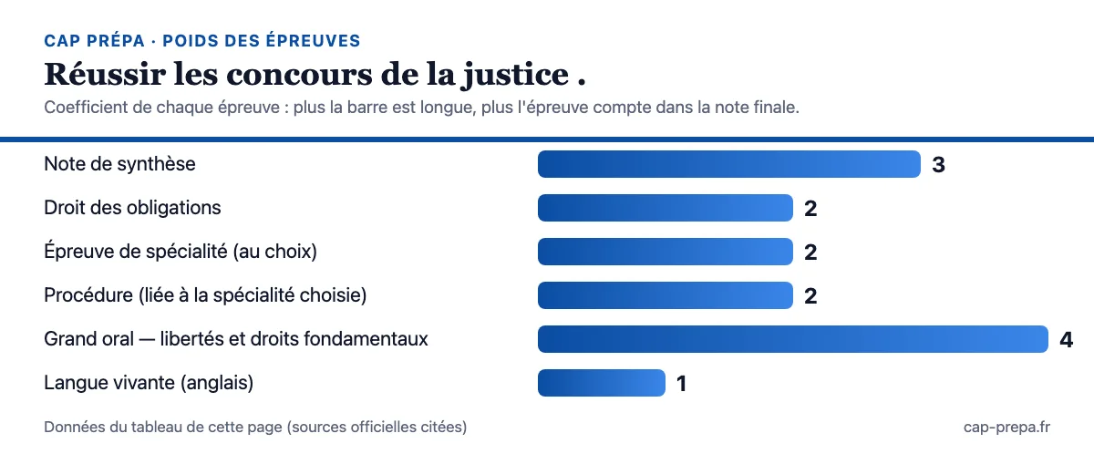 Diagramme en barres des coefficients des épreuves : Note de synthèse : 3 ; Droit des obligations : 2 ; Épreuve de spécialité (au choix) : 2 ; Procédure (liée à la spécialité choisie) : 2 ; Grand oral — libertés et droits fondamentaux : 4 ; Langue vivante (anglais) : 1